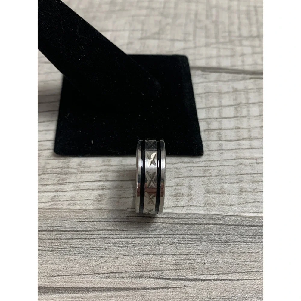 Stainless Steel Spinner Ring Black Enamel Star Etched Fidget Band Size 9.5